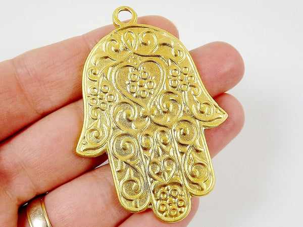 Ornate Hamsa Hand of Fatima Pendant Charm - 22k Matte Gold Plated - 1PC -  GP181