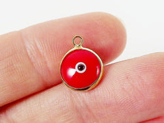 5 Poppy Red Evil Eye Nazar Artisan Glass Bead Charms - Gold Plated Brass Bezel - GCM110