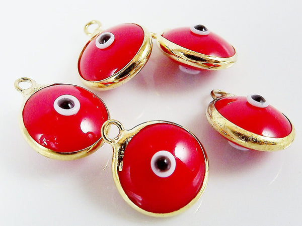 5 Poppy Red Evil Eye Nazar Artisan Glass Bead Charms - Gold Plated Brass Bezel - GCM110