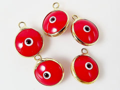 5 Poppy Red Evil Eye Nazar Artisan Glass Bead Charms - Gold Plated Brass Bezel - GCM110