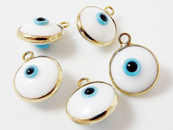 5 White Evil Eye Nazar Artisan Glass Bead Charms - Gold Plated Brass Bezel - GCM113