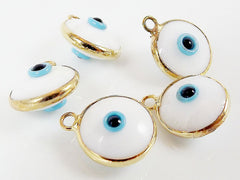 5 White Evil Eye Nazar Artisan Glass Bead Charms - Gold Plated Brass Bezel - GCM113