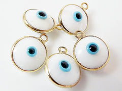 5 White Evil Eye Nazar Artisan Glass Bead Charms - Gold Plated Brass Bezel - GCM113