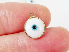 5 White Evil Eye Nazar Artisan Glass Bead Charms - Gold Plated Brass Bezel - GCM113