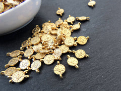 20 Mini Round Coin Charm Connectors with Two Loops, Dotted Edge Tughra Round Replica Coin Connectors,  22k Matte Gold Plated 20pc