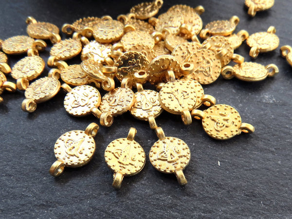 20 Mini Round Coin Charm Connectors with Two Loops, Dotted Edge Tughra Round Replica Coin Connectors,  22k Matte Gold Plated 20pc