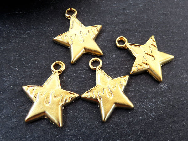 4 Star Pendant Charms, Dripping Star Pendants, Dangle Charms, Jewelry Making Components Supplies,  22k Matte Gold 4pc