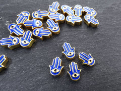 Hamsa Hand Evil Eye Beads, Blue Evil Eye, Enamel Bead, Bead Spacer, Hand of Fatima Charm, Eye Charms, Shiny Gold Plated, 9x13mm, 4pc,