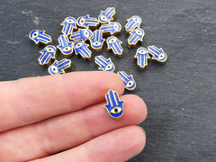 Hamsa Hand Evil Eye Beads, Blue Evil Eye, Enamel Bead, Bead Spacer, Hand of Fatima Charm, Eye Charms, Shiny Gold Plated, 9x13mm, 4pc,