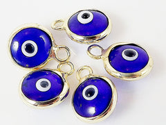 5 Mini Navy Blue Evil Eye Nazar Artisan Glass Bead Charms - Gold Plated Brass Bezel - GCM117