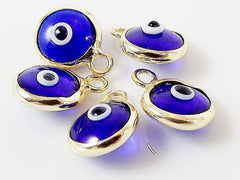 5 Mini Navy Blue Evil Eye Nazar Artisan Glass Bead Charms - Gold Plated Brass Bezel - GCM117