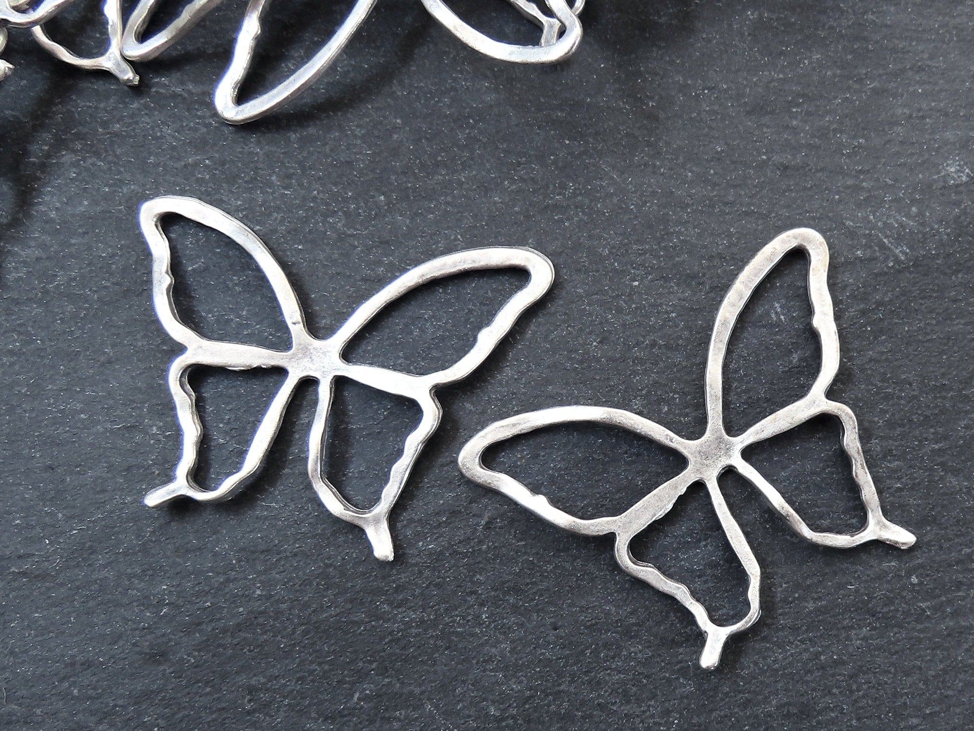 Butterfly Pendant, Rustic Cut Out Butterfly Loop, Connector Link, Simple Cutout Fretwork, Butterfly Outline, Matte Antique Silver Plated 2PC