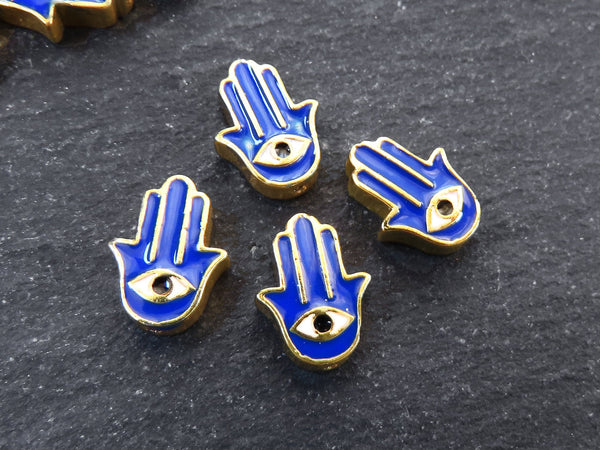 Hamsa Hand Evil Eye Beads, Blue Evil Eye, Enamel Bead, Bead Spacer, Hand of Fatima Charm, Eye Charms, Shiny Gold Plated, 9x13mm, 4pc,