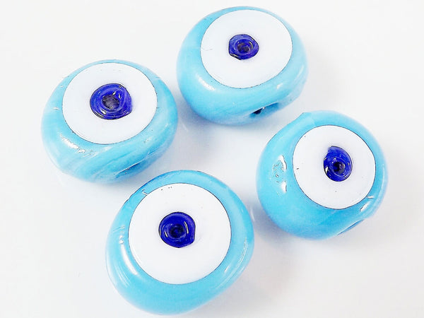 4 Artisan Handmade Sky Blue Evil Eye Nazar Medium Glass Bead - 16 mm - BE116