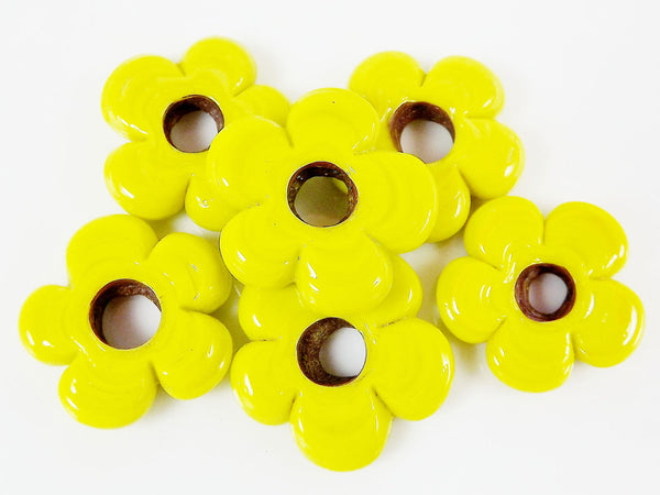 6 Large Chunky Flower Artisan Handmade Citrus Yellow Glass Beads - 22mm