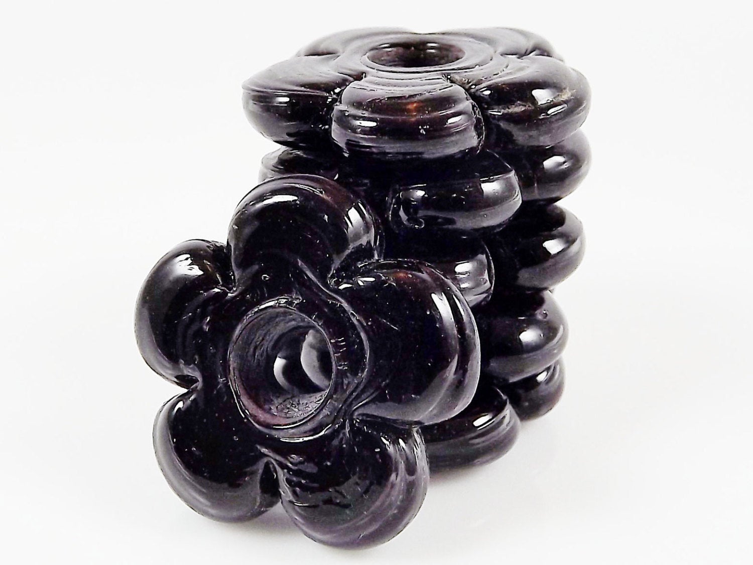 6 Large Chunky Flower Artisan Handmade Black Glass Beads - 22mm