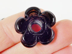 6 Large Chunky Flower Artisan Handmade Black Glass Beads - 22mm