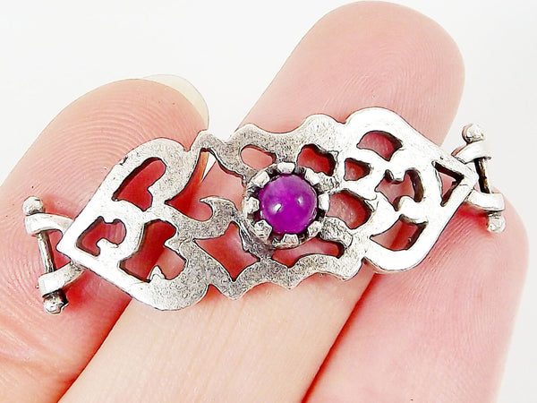 Purple Jade Stone Curved Fretwork Bracelet Focal Connector - Silver Plated - 1PC - SP133