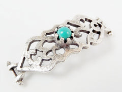 Turquoise Stone Curved Fretwork Bracelet Focal Connector - Silver Plated - 1PC - SP132