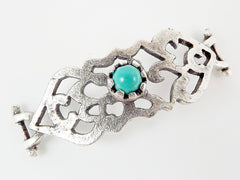 Turquoise Stone Curved Fretwork Bracelet Focal Connector - Silver Plated - 1PC - SP132