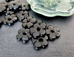 6 Black Glass Flower Beads, Large Chunky Flower Artisan Handmade, Black with Green Undertone - 22mm