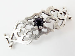 Black Onyx Stone Curved Fretwork Bracelet Focal Connector - Silver Plated - 1PC - SP136