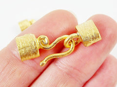 3 Pairs Rustic Textured Hook Eye Clasp Cord Crimp Ends - 22k Matte Gold Plated - FIN106