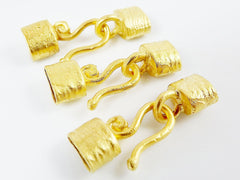 3 Pairs Rustic Textured Hook Eye Clasp Cord Crimp Ends - 22k Matte Gold Plated - FIN106