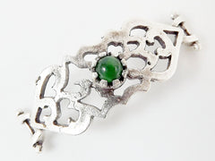 Deep Green Jade Stone Curved Fretwork Bracelet Focal Connector - Silver Plated - 1PC - SP137