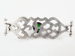 Deep Green Jade Stone Curved Fretwork Bracelet Focal Connector - Silver Plated - 1PC - SP137