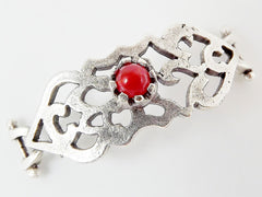 Red Jade Stone Curved Fretwork Bracelet Focal Connector - Silver Plated - 1PC - SP138