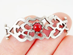 Red Jade Stone Curved Fretwork Bracelet Focal Connector - Silver Plated - 1PC - SP138