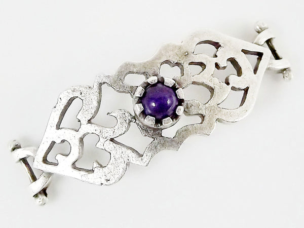 Deep Royal Purple Jade Stone Curved Fretwork Bracelet Focal Connector - Silver Plated - 1PC - SP140