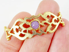 Lilac Purple Jade Stone Curved Fretwork Bracelet Focal Connector - Matte Gold Plated - 1PC - GP248