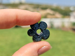 6 Black Glass Flower Beads, Large Chunky Flower Artisan Handmade, Black with Green Undertone - 22mm