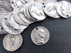 Silver Roman Coin Pendant Charm, Titus AR Denarius Dolphin Coin, Medallion Charm, Ancient Greek, Matte Antique Silver Plated, 1pc, Thin