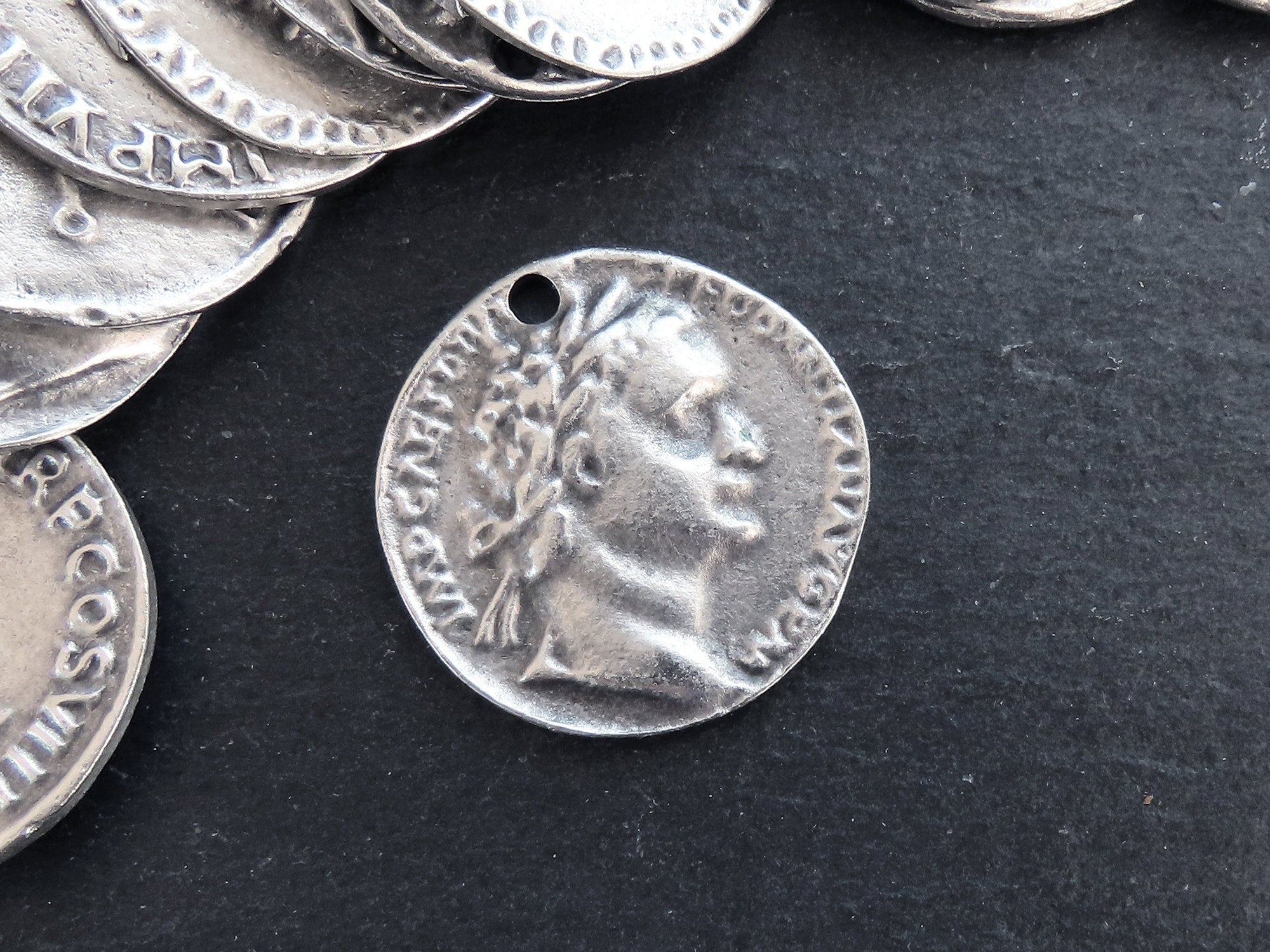 Silver Roman Coin Pendant Charm, Titus AR Denarius Dolphin Coin, Medallion Charm, Ancient Greek, Matte Antique Silver Plated, 1pc, Thin