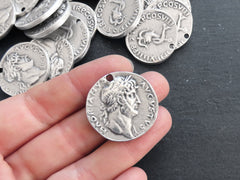 Silver Roman Coin Pendant Charm, Domitian Caesar Coin, Medallion Charm, Ancient Greek, Matte Antique Silver Plated, 1pc, Thick