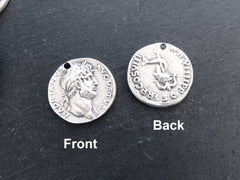 Silver Roman Coin Pendant Charm, Domitian Caesar Coin, Medallion Charm, Ancient Greek, Matte Antique Silver Plated, 1pc, Thick