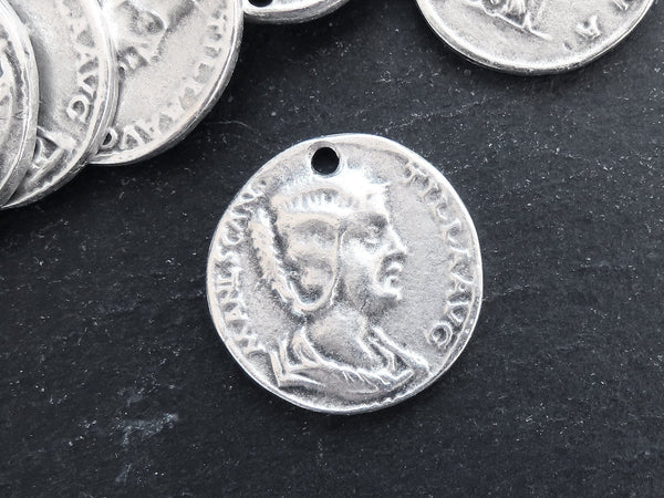 Silver Roman Coin Pendant Charm, Julia Domna Coin, Medallion Charm, Ancient Greek, Matte Antique Silver Plated, 1pc