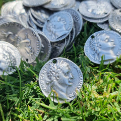 Silver Roman Coin Pendant Charm, Titus AR Denarius Dolphin Coin, Medallion Charm, Ancient Greek, Matte Antique Silver Plated, 1pc, Thin