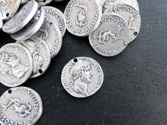 Silver Roman Coin Pendant Charm, Domitian Caesar Coin, Medallion Charm, Ancient Greek, Matte Antique Silver Plated, 1pc, Thick