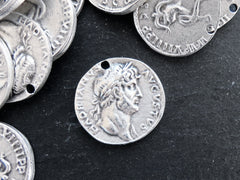 Silver Roman Coin Pendant Charm, Domitian Caesar Coin, Medallion Charm, Ancient Greek, Matte Antique Silver Plated, 1pc, Thick