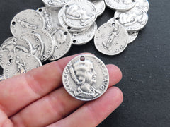Silver Roman Coin Pendant Charm, Julia Domna Coin, Medallion Charm, Ancient Greek, Matte Antique Silver Plated, 1pc