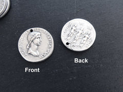 Silver Roman Coin Pendant Charm, Agrippina Coin, Medallion Charm, Ancient Greek, Matte Antique Silver Plated, 1pc