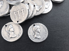 Silver Roman Coin Pendant Charm, Agrippina Coin, Medallion Charm, Ancient Greek, Matte Antique Silver Plated, 1pc