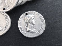 Silver Roman Coin Pendant Charm, Agrippina Coin, Medallion Charm, Ancient Greek, Matte Antique Silver Plated, 1pc