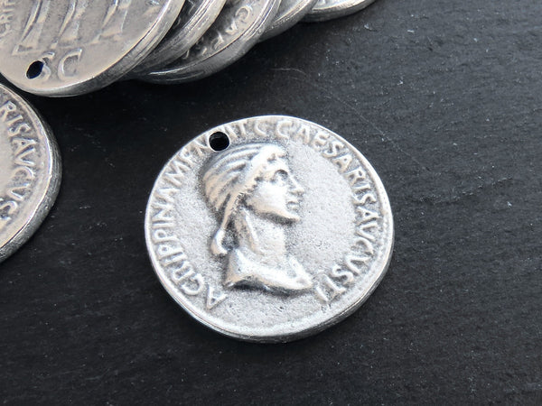 Silver Roman Coin Pendant Charm, Agrippina Coin, Medallion Charm, Ancient Greek, Matte Antique Silver Plated, 1pc