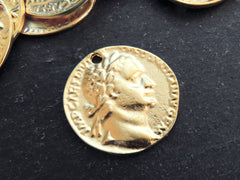 Gold Roman Coin Pendant Charm, Titus AR Denarius Dolphin Coin, Medallion Charm, Ancient Greek, 22k Matte Gold Plated, 1pc, Thin