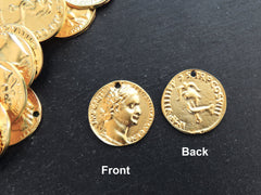 Gold Roman Coin Pendant Charm, Titus AR Denarius Dolphin Coin, Medallion Charm, Ancient Greek, 22k Matte Gold Plated, 1pc, Thin